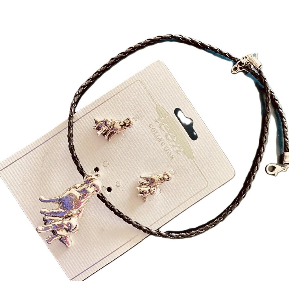Rare Mommy Dog Mama & Cute Puppy Pendant Fashion Vintage Necklace & Earrings Set